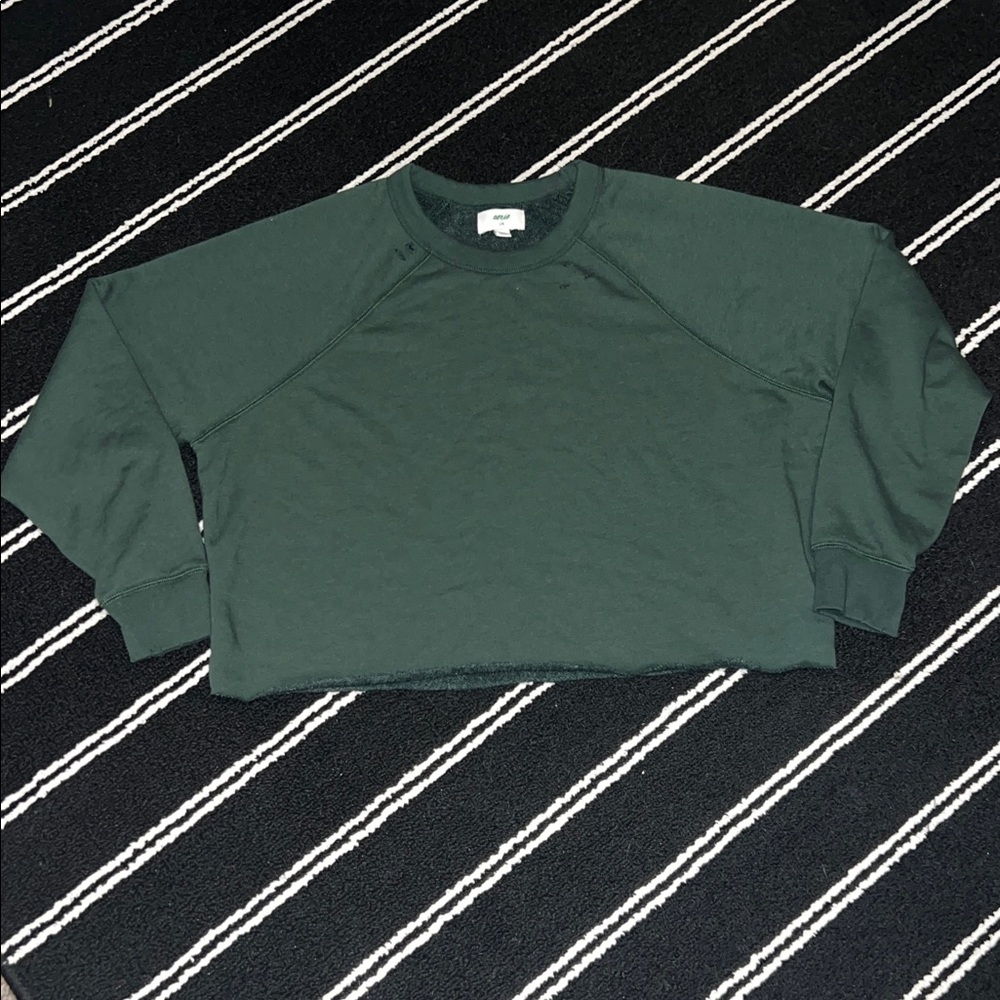 Aerie Sunday Soft Cropped Crew Sweatshirt Dark Green Distressed